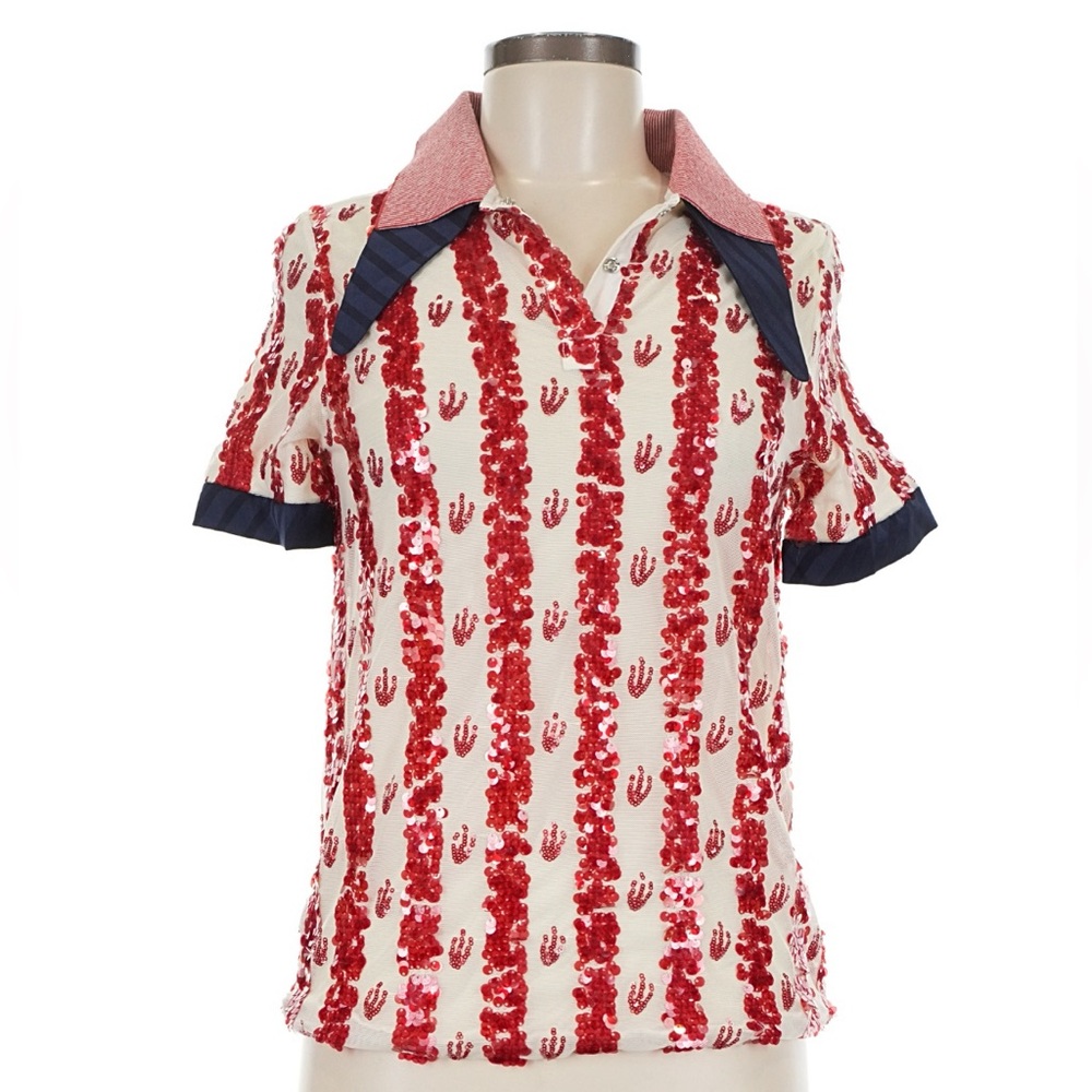 Red Sequin Striped Polo Top with Navy Trim